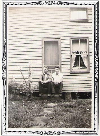  Harley and Lowell Smith (sons of Mary Alice Harbert-Smith) at Hallie Harbert’s old farmhouse on Jakes Run - 1937 before it burned down.... 