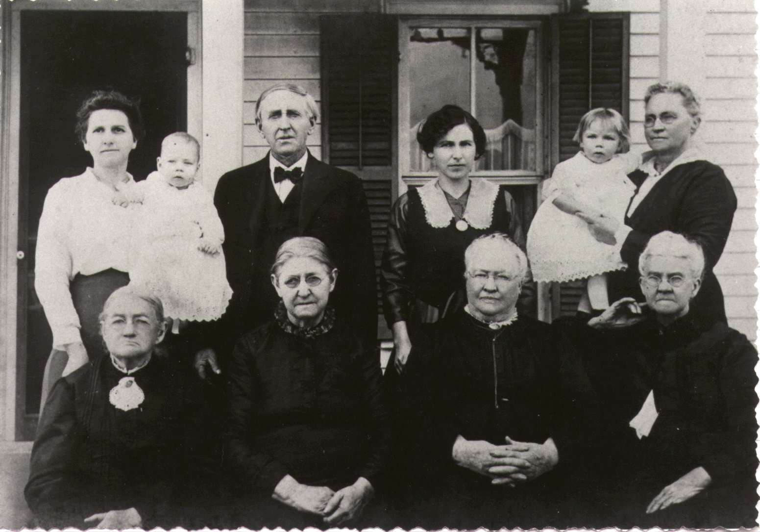  1917 Putnam County, Missouri - Back Row: (middle female) Zora Beary Harbert and her 2 children in white dresses - son Don (second from left) and daughter Margaret (second from right).  Donald being held by Zora's mother Katie Statton-Beary (far left) and Margaret being held by her grandmother Henrietta Hamlin-Harbert.  Front Row:  4 Great-Grandmothers of Zora's children Don & Margaret:  (from left) Sarah Harbert, Celemma Statton, Isabelle Beary, Drusilla Hamlin   