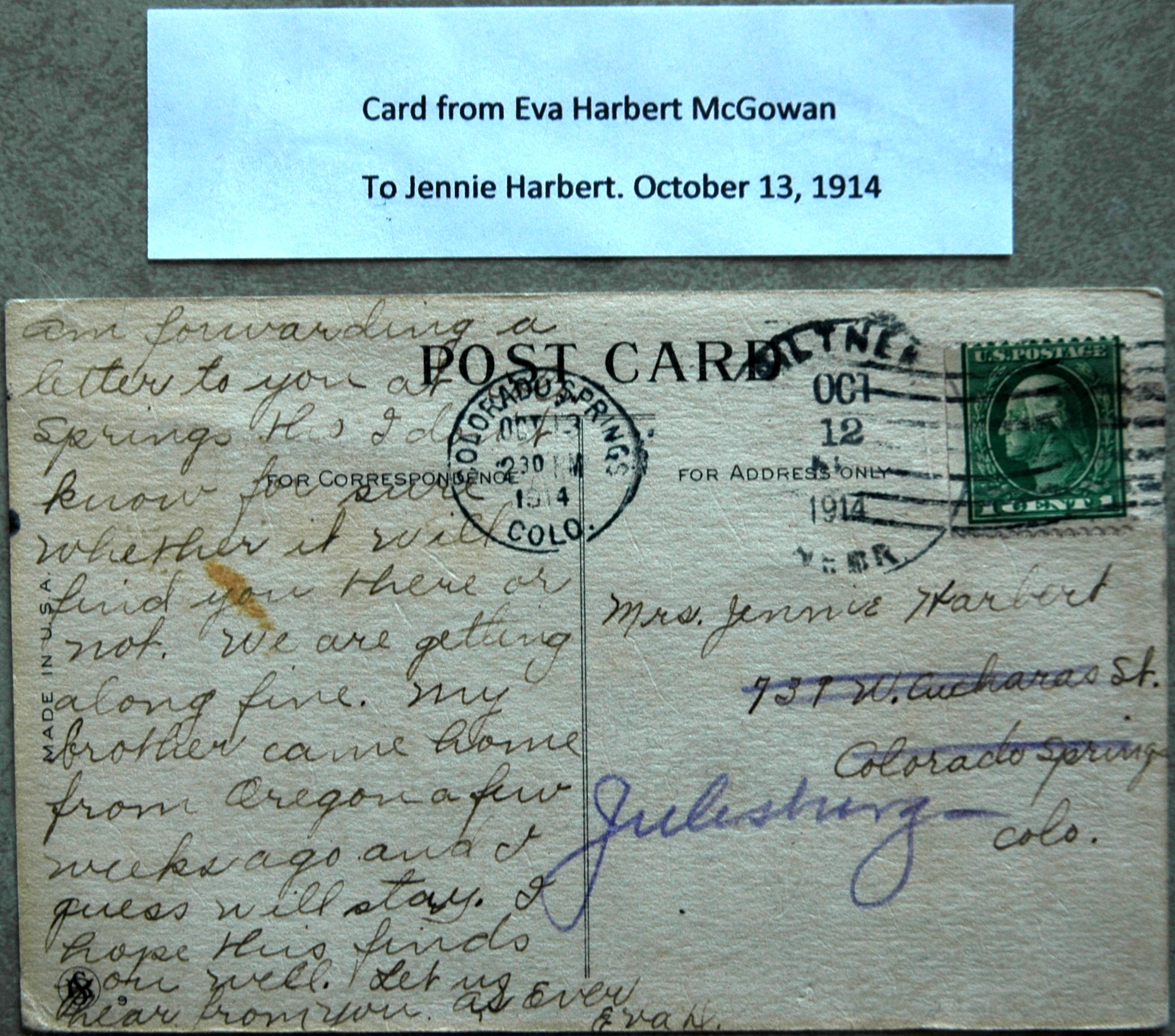  October 13, 1914 - Postcard from Eva Harbert to Jennie Harbert 